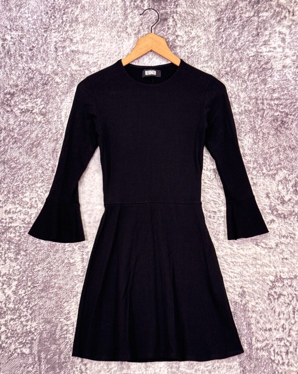 Reformation Dress Small Womens Black Ribbed Knit Flare Sleeve Mini